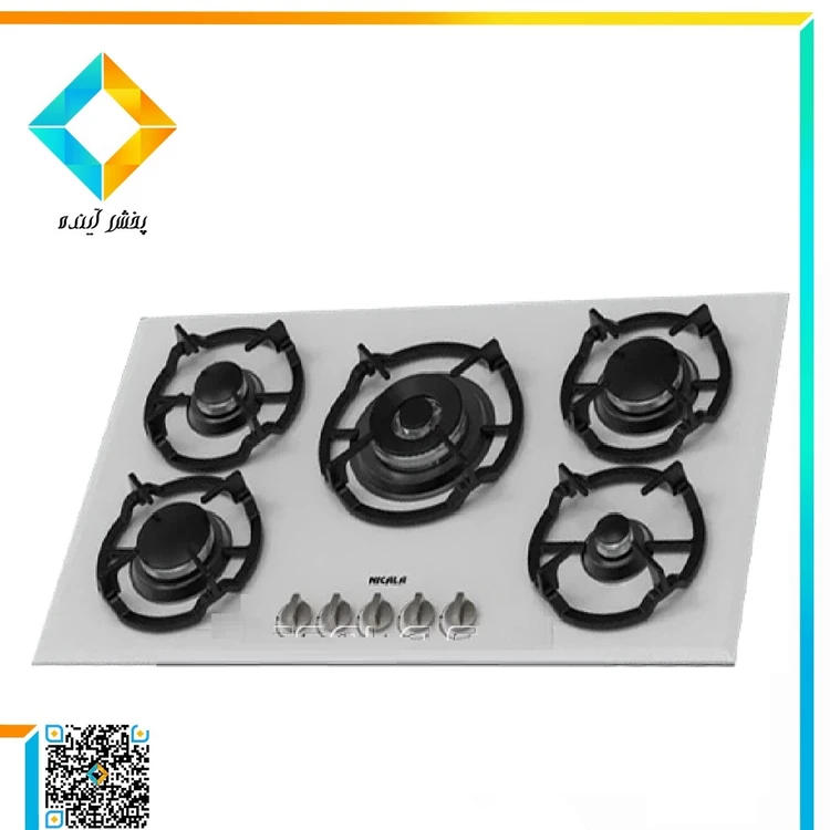 اجاق-گاز-شیشه-ای-با-چدن-یکپارچه-پنج-شعله-سفید-GGH-304/3-پلوپز-وسط-نیک-کالا-