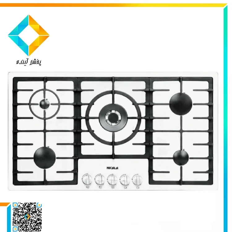 اجاق-گاز-شیشه-ای-با-چدن-یکپارچه-پنج-شعله-سفید-GGH-301/3-پلوپز-وسط-نیک-کالا-